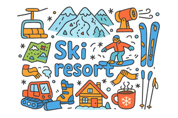 Colorful Ski Resort Doodle. Ski resort. Hand-drawn doodle illustration of ski resort. Chair lift, ski slopes,