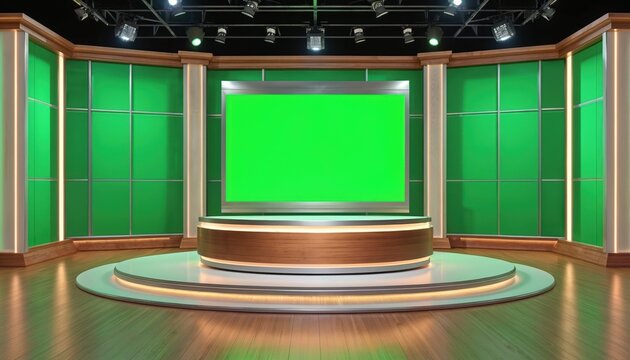 Modern virtual TV studio with large green screen for chroma key. Broadcast set features illuminated panels, wooden desk, and polished floor. Ready for news, talk shows, or presentation.