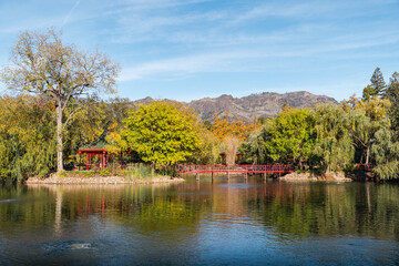 Chinese park with pond 