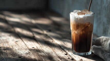Aromatic iced latte presented on a textured wooden surface bathed in sunlight