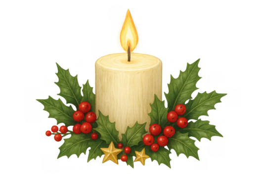 Christmas candle burning bright, surrounded by festive holly leaves, red berries, and golden stars, creating a warm holiday decoration - Powered by Adobe
