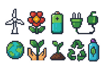 Eco-friendly, sustainability pixel icon set. Nature conservation pixel art collection