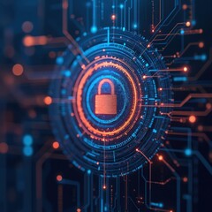 Obraz premium Digital security lock icon on circuit board with glowing data streams. Cyber network protection concept. Abstract tech background with firewall and encryption elements.