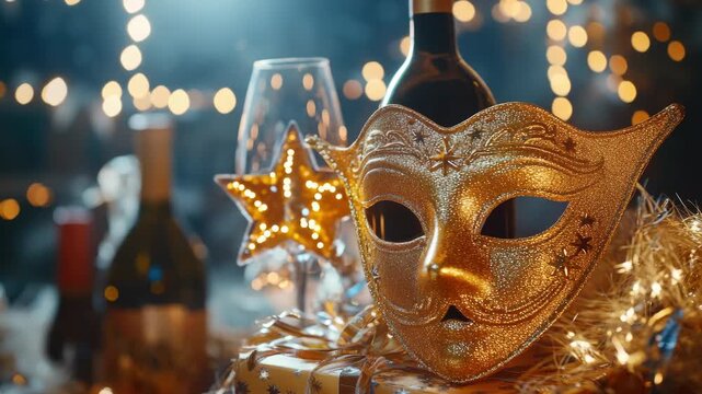 Stylish gold Venetian mask on party table with decorations and wine bottles.