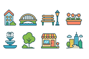 Naklejka premium Cityscape and park outline icon set. Urban and nature icons outline collection