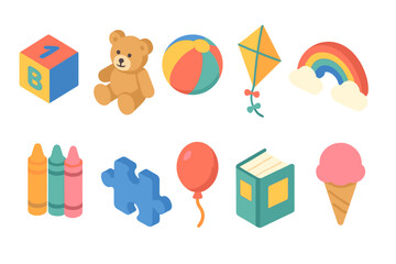 Children's toys, games 3d icon set. Fun playtime toys icons for kids in 3d style