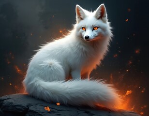 Obraz premium White fox with glowing orange eyes sits on dark rock. Fiery embers float in smoky air creating mystic atmosphere. Creature looks alert, mystical, a symbol of spirit or magic.