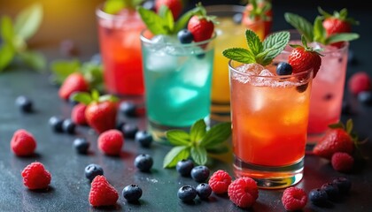 Multiple glasses with colorful non alcoholic beverages iced with fresh berries and mint leaves. Refreshing drinks for parties gatherings and summer days enjoyment. Healthy fruit infused refreshments.