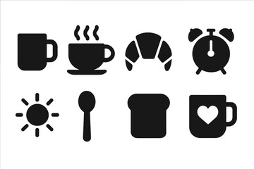 Morning Coffee Icons. Morning coffee. Filled icon set of morning coffee: coffee mug, steaming cup, croissant,