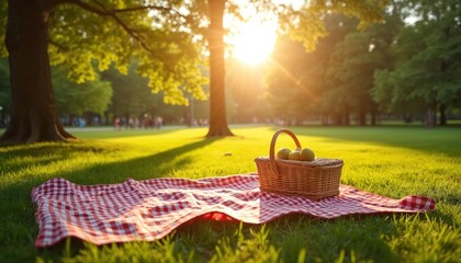Red checkered blanket with picnic basket of apples rests on green grass. Sun shines through trees in park. People walk on lawn in background.
