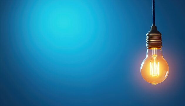 Single glowing light bulb hangs against vibrant blue gradient background. Symbolizes bright new idea, invention, inspiration, and creative thinking. Represents illumination, knowledge, and energy.