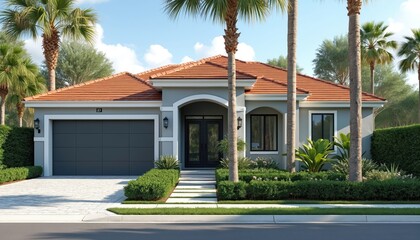 Fototapeta premium Modern house with grey walls, arched entrance, double door, garage, and tiled roof. Tropical palm trees surround manicured green bushes and garden beds. Driveway leads to the front of the residence.
