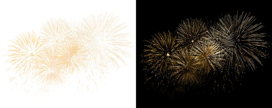 Golden fireworks. Festive fireworks explosions. A festive effect for New Year's and Christmas designs.