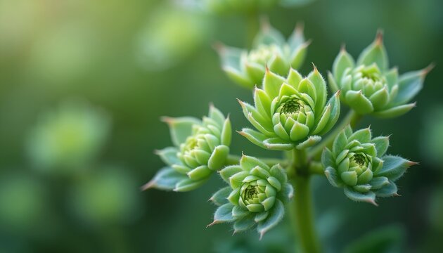 Macro photo of several small green succulent plants opening leaves. Appear as little rosettes with tiny hairs on. Background softly blurred green, suggesting natural outdoor setting. Plants known for