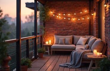 Fototapeta premium Cozy balcony at twilight with string lights, sofa, pillows, blankets, and candles. Wooden deck offers peaceful outdoor seating area with plants and a scenic view.