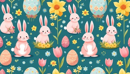 Cute pink bunnies and decorated eggs fill spring meadow. Yellow sunflowers and pink tulips bloom around playful animals. Perfect for Easter cards party decor.