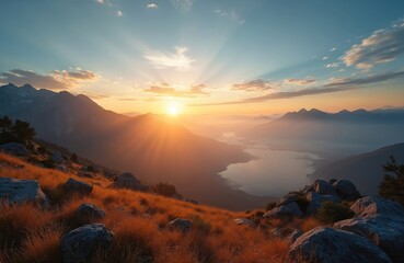 Golden sunrise light streams over misty mountains and lake. Orange grass and rocks in foreground with blue sky above. Serene natural beauty scene.