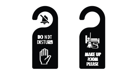 Black door hangers with do not disturb and make up room please messages shown