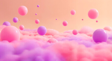 Dreamy pastel pink and purple spheres floating over fluffy clouds against a warm gradient background
