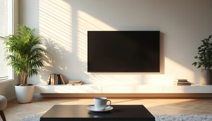 Modern living room with large TV screen bathed in sunlight. Coffee cup sits on coffee table near plants and books. Clean minimalist decor, comfortable home space.