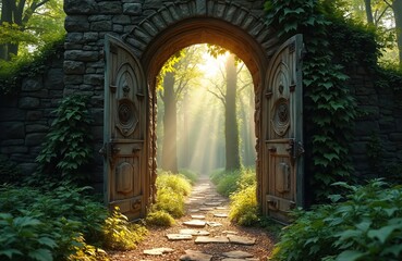 Obraz premium Ancient stone archway with open wooden doors reveals sunlit forest path. Overgrown vines climb stone walls, leading into a mystical green woodland with light rays.