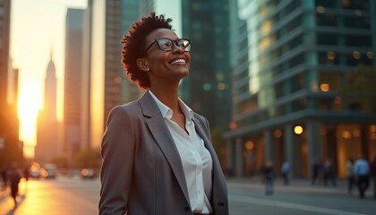 Fototapeta premium Black businesswoman in suit looking up smiling in city street at sunset. Tall buildings surround her as golden sun shines bright. She appears successful and happy in urban environment.