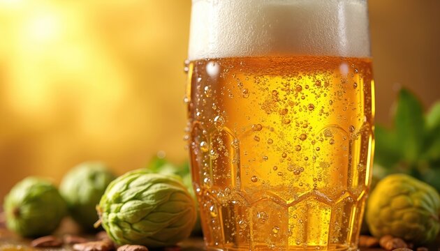 Cold beer in glass with hops and barley on table. Bubbles rise in amber liquid with foam head. Golden light illuminates refreshing beverage, perfect for pubs or home bars.
