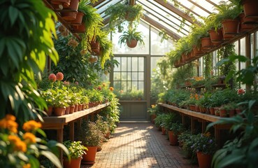 Inside rich greenhouse filled with diverse plants and flowers. Wooden shelves display potted flora under glass roof. Sunlight shines on greenery creating peaceful atmosphere for plant lovers shopping.