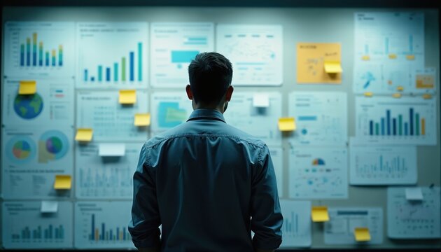 Man reviews charts graphs on wall board. Data analysis planning for business project strategy. Teamwork communication organization workflow tasks.