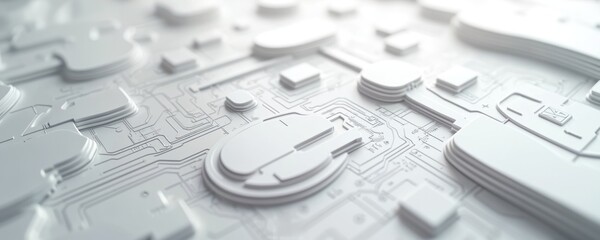 Abstract white 3D model with circuit lines and geometric shapes. Futuristic tech blueprint for digital design. Modern engineering or data architecture concept.