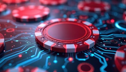 Red casino chips rest on circuit board with glowing blue lines. Digital technology meets chance in gaming. Online bets are placed via computer.