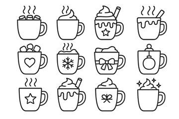 Winter Mug Icons. Winter Mug Collection. Line outline icon set of Winter Mug Collection: mug of hot cocoa,