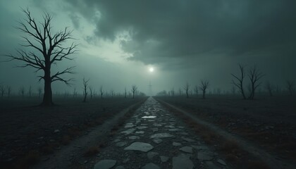 Desolate path leads through dead forest under dark stormy sky. Sun dimly shines through clouds. Barren trees stand on dry cracked earth. Moody wasteland landscape evokes post apocalyptic feeling.