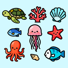Flat cartoon illustration of cute sea creatures with turtle, octopus, jellyfish, starfish, coral branches, seashells, and colorful fish outlined in bold black lines on a light blue background