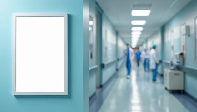 Blank white picture frame hangs on wall in hospital hallway. Medical staff walk blurred in background. Copy space available for your ad or info.