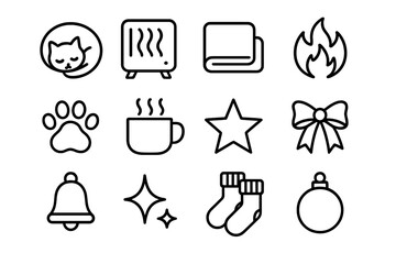 Winter Cat Comfort. Winter Cat Comfort. Line outline icon set of Winter Cat Comfort: sleeping cat, heater,