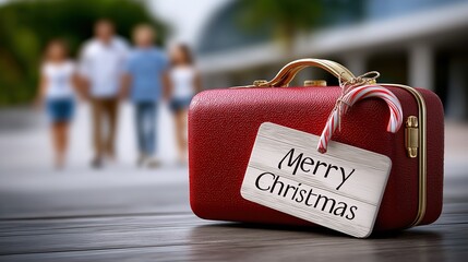 Red suitcase with a holiday tag reading Merry Christmas, placed on a wooden surface, while blurred figures of travelers are seen in the background, symbolizing festive travel and family gatherings