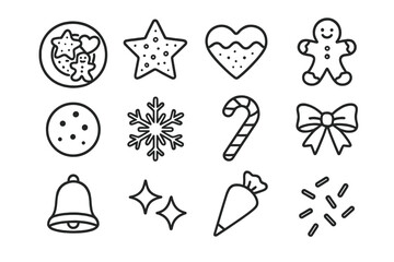 Christmas Cookie Icons. Christmas Cookies on a Plate. Line outline icon set of Christmas Cookies on a Plate: