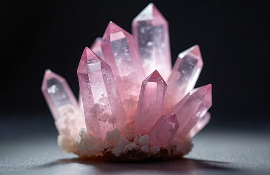 Close up of pink quartz crystal cluster. Faceted geometric points sparkle with soft light against dark background. Natural mineral formation with rough base.