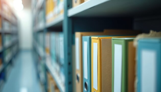 Rows of colorful binders in shelving unit represent organized data storage. Files are neatly arranged for efficient retrieval. This image implies secure information management systems, record keeping.