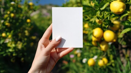 Hand Holding Blank Card: A close-up shot of a hand, cradling a pristine blank card against a lush background of a lemon tree, hinting at the potential of design, marketing, or personal notes. 