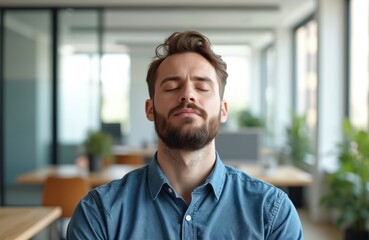Bearded man practices mindfulness in bright modern office. He takes deep breaths to find inner peace and improve mental focus. Calmness, concentration and balance at work.
