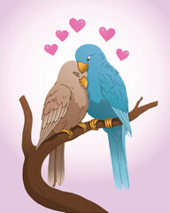 illustration of a couple loving bird perch on branch background