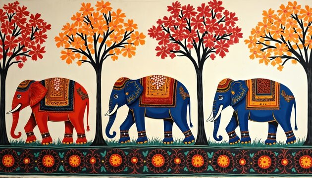 Three elephants walk in a row under colorful trees. Vibrant Indian Gond art style features decorated animals. Tribal border detail adds charm. Festive scene.
