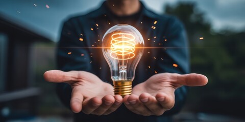 Man holding glowing holographic light bulb with swirling energy patterns in his hands