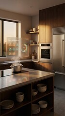 Fototapeta premium Modern kitchen with smart cooking interface and fresh vegetables