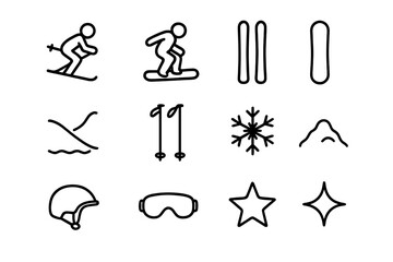 Christmas Skiing Icons. Christmas Skiing Collection. Line outline icon set of Christmas Skiing Collection: