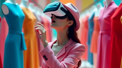 Woman using VR headset in fashion store for virtual shopping experience with colorful dresses