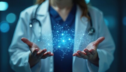 Doctor holds glowing abstract network in hands. Futuristic medicine concept represents digital health and AI integration. Advanced science connects data for better patient care.