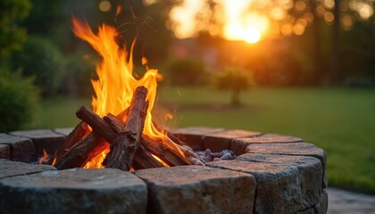Stone fire pit burns with wood logs at sunset backyard garden. Warm glowing flames create cozy atmosphere for outdoor evening gathering. Peaceful nature relaxation.